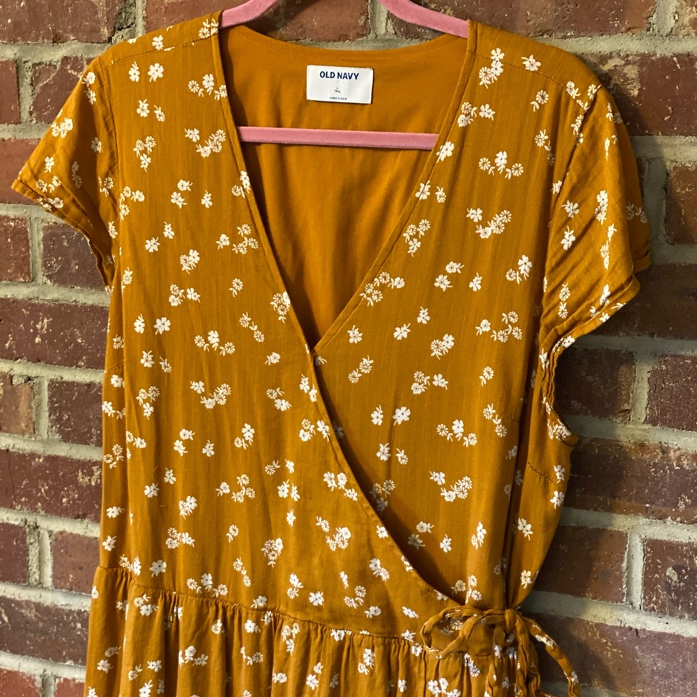 Faux wrap mustard midi dress